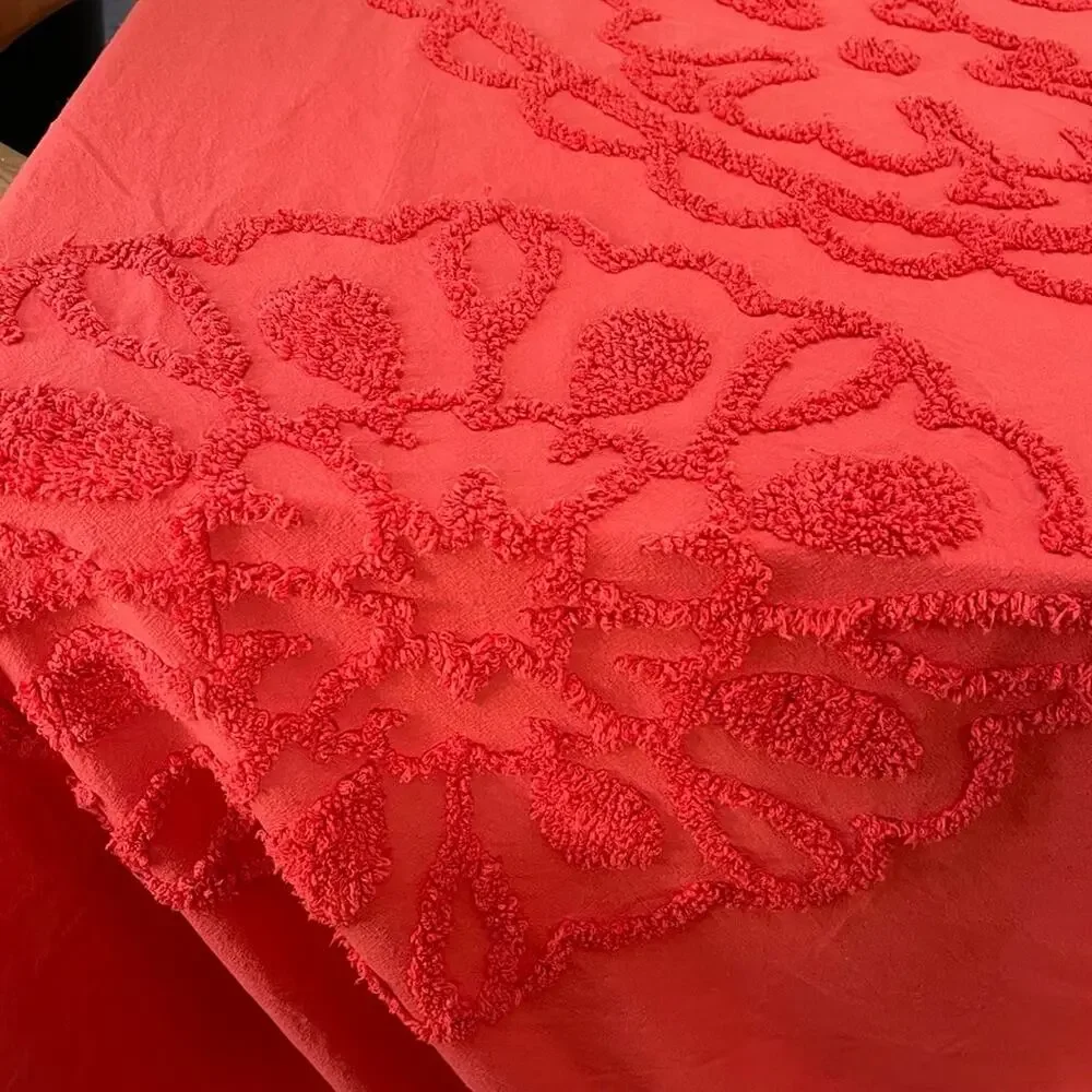 Vintage Red Cotton Chenille Queen Bedspread Floral Tufted Embroidered Design